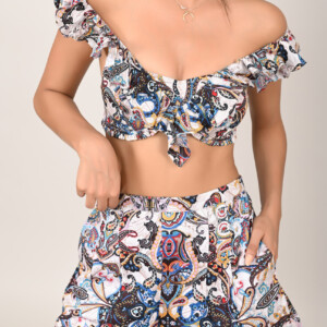Pink Paisley Big Ruffle Cotton Bikini Top